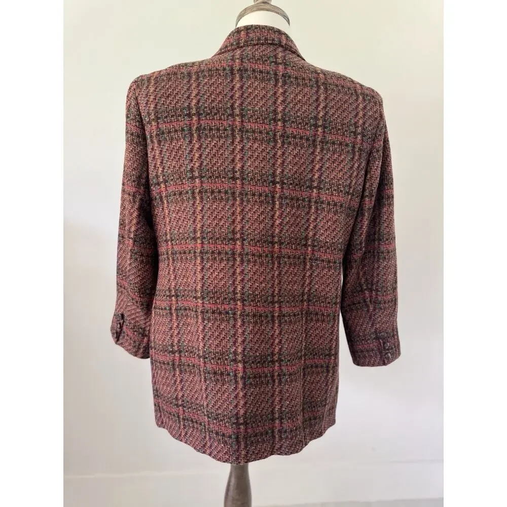 VTG Giorgio Sant’Angelo Plaid Tweed Wool Blazer Jacket Sz 14 Brown/Red Academia